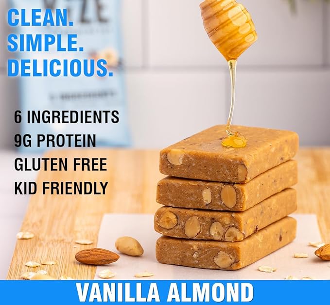 KiZE Energy Bars - Vanilla Almond - 20-Count - Gluten Free, Non-GMO, and High Protein Meal Replacement Energy Bars, Clean and Simple Food Ingredients - 10g High Protein Snacks (20 Count)
