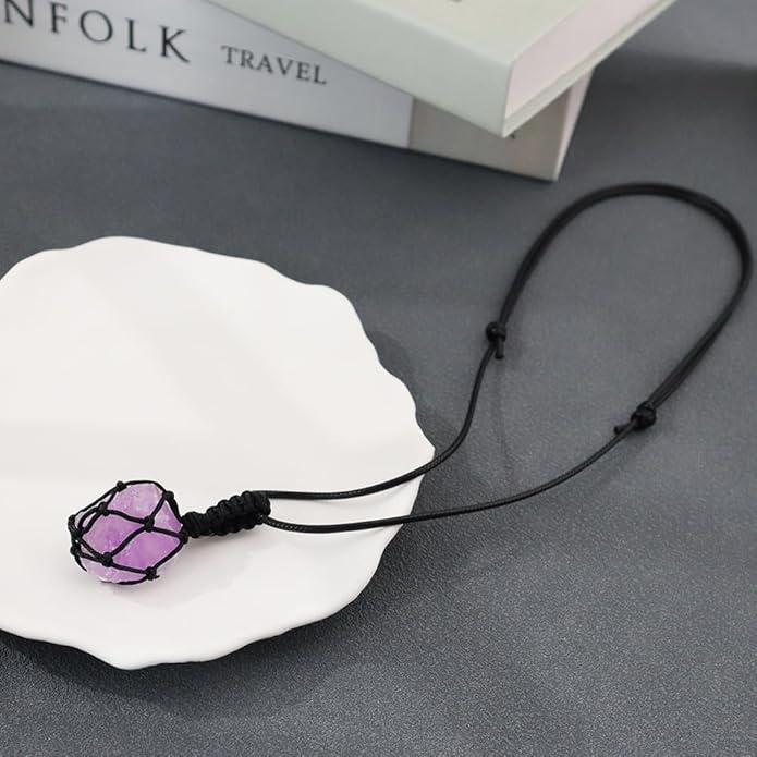 Handmade Natural Gemstone Crystal Pendant Necklace Stone Holder Necklace Cord Net Necklace with Adjustable Length for Women Men