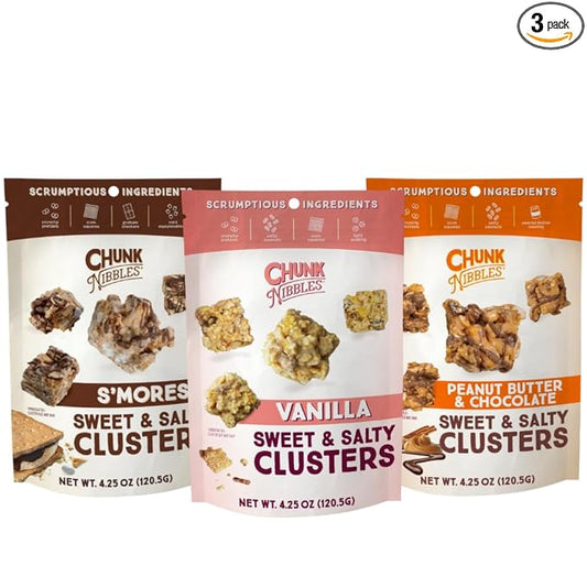 Chunk Nibbles Variety Snack Pack - S'mores, Vanilla, & Peanut Butter Chocolate Clusters - Gourmet Sweet & Salty Treat - Handcrafted, No Artificial Colors - 4.25oz Resealable Pouch (3 Pack)