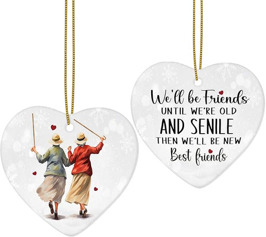 1pc 2 Side Printed We'll Be Friends Ceramic Ornament 2025, Heart-Shaped Christmas Tree, Cute Keepsake Decoration