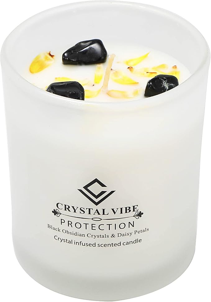 Crystal Vibe Protection Crystal Candle with Black Obsidian Crystals and Daisy Petals - Natural Soy Candles - Vanilla Scented Aromatherapy Candle Gifts for Christmas Birthdays
