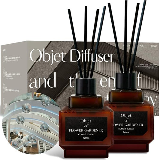hetras Objet Diffuser Gift Set 6.7 fl.oz. 2 Pack | Department Store 1F - Elegant Flower Scent | Long-Lasting Scented Room Fresheners with 8 Reed Sticks for Home Fragrance Bedroom Bathroom Shelf Décor