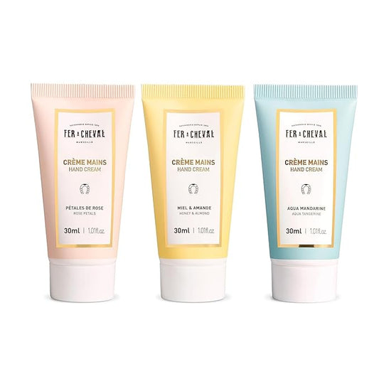 Fer à Cheval Moisturizing Scented Hand Cream Set, Creamy Hand Cream Travel Size Lotion Organic Shea Butter Hand Lotion | Pack of 3 (Honey & Almond, Rose Petals, Aqua Tangerine) 30ml/ 1.01 fl oz