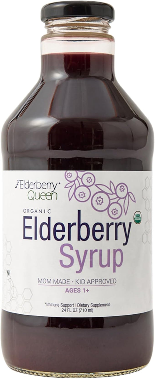 Elderberry Queen Organic Elderberry Syrup 24 Fl Oz - Immune Support Formula with Sambucus Black Elderberry & Aronia Berry - Pure Natural Certified Organic Elderberry Syrup for Kids and Adults