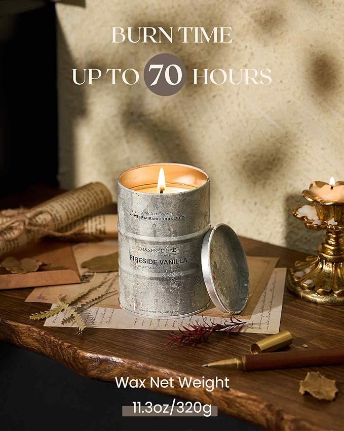 M&SENSE Fireside Vanilla Scented Candles Natural Non Toxic, Aromatherapy Candle for Stress Relief Meditation Relaxing, Housewarming Gifts for Women Men, 11.3oz 70 Hour Long Burning