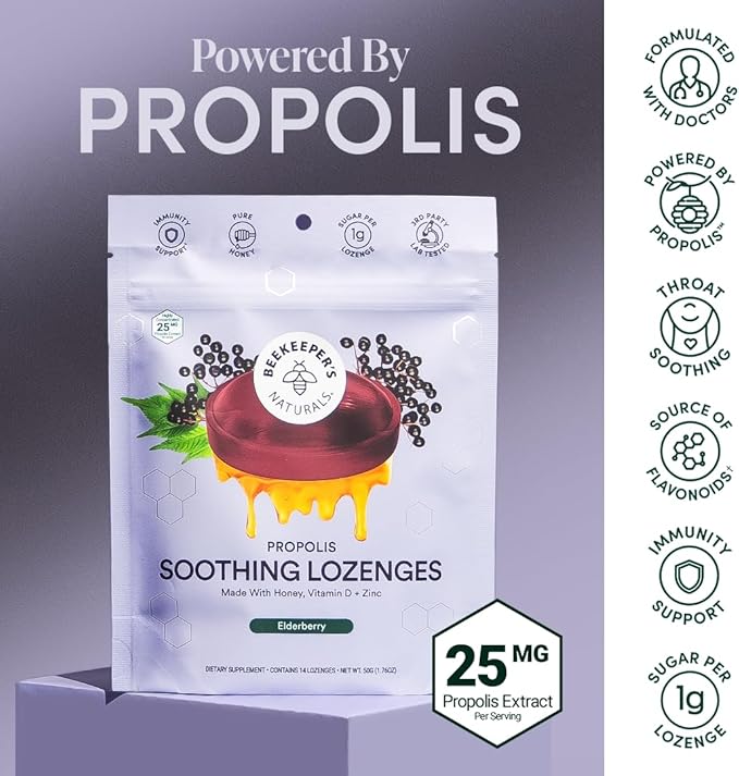 Beekeeper's Naturals Soothing Honey Elderberry Cough Drops Immune Support with Vitamin D, Zinc and Propolis Throat Soothing Lozenges, 14 Ct