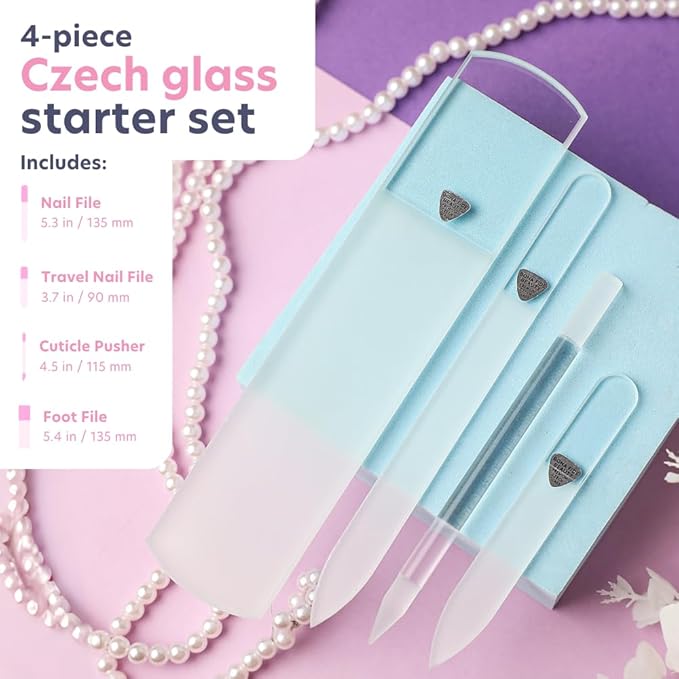 Bona Fide Beauty Nail Kit: Handmade from Czech Glass, Perfect Gift for Teenage Girl, 4PC Gift Set in Clear Color - Foot File, Traveil Nail File, Glass File, 1 Cuticle Pusher