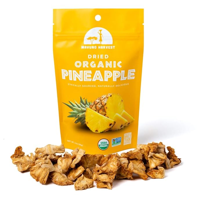 Mavuno Harvest Pineapple Dried Fruit Snacks | Organic Dried Pineapple Chunks| Gluten Free Healthy Snacks for Kids and Adults | No Sugar Added, Vegan, Non GMO, Direct Trade | 2 Ounce, Pack of 6