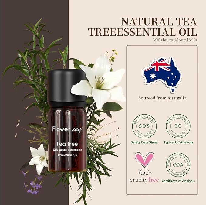 Flower Say USDA Organic Tea Tree Oil for Skin,Natural Australian Tea Tree Essential Oil for Toenail,Undiluted 100% Pure Tree Tea Oil for Scalp, Diffuser & Aromatherapy 10ml (0.34 Fl Oz)