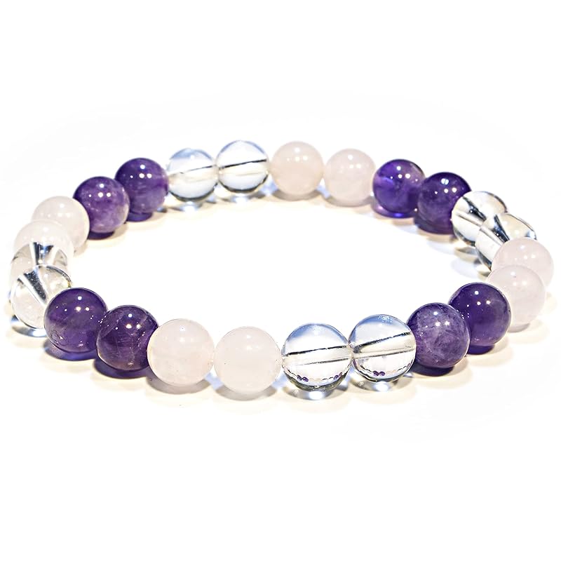Amethyst, Clear Quartz, Rose Quartz Bracelet – Healing Crystal Bracelet for Women and Men – 8mm Round Beaded Bracelet for Men and Women – Elastic Adjustable Size Gemstone Bead Bracelet