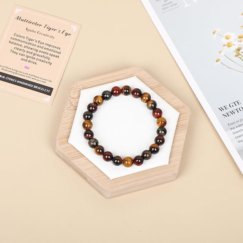 AD Beads Handmade Gemstone Stretch Elastic Bracelet Crystal Healing Reiki Nature's Beauty and Spiritual Essence Unisex (10mm, Multicolor Tiger's Eye (Ignite Creativity))