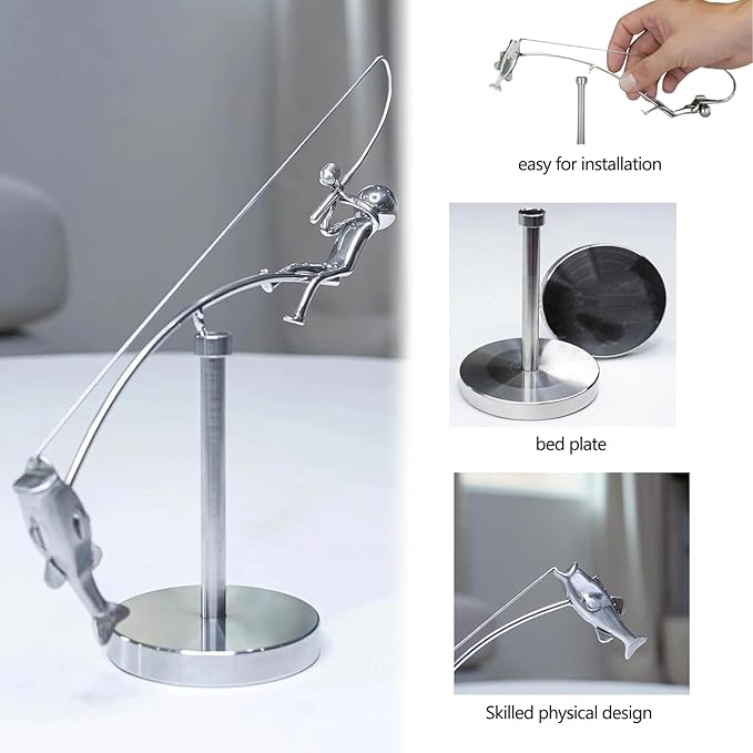 Kinetic Fishing Sculpture - Balance Art for Your Space, Fisherman Kinetic Balancing Desk Toy Fishing Physics Sculpture for Home Office Art Deco, Stainless Steel Balance Physics Toy 1PCS
