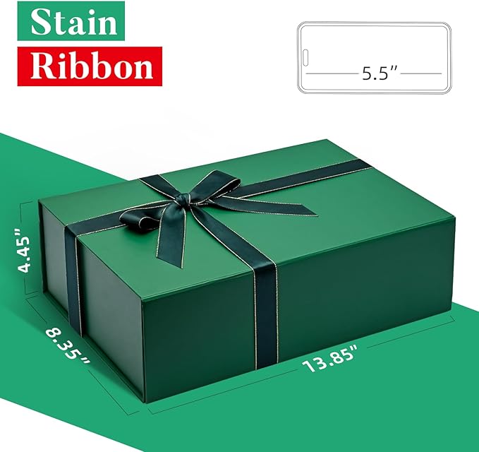 LIFELUM 5 Pack Christmas Gift Boxes Large Green Boxes of Gifts 13.85 x 8.35 x 4.45 inch Gift Boxes Storage Gift Boxes with Strong Magnetic Lid for Presents Contains Card, Ribbon, Filler,Sticker