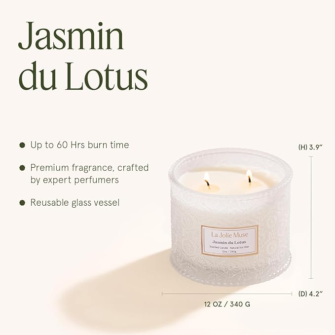 LA JOLIE MUSE Jasmin du Lotus Candle - Ivy, Jasmine, Cedarwood | 12 oz Large 2-Wick Soy Wax Candle | 60 Hours Clean Burn | Floral Scented Candle | Gift-Ready for Hosts & Gatherings