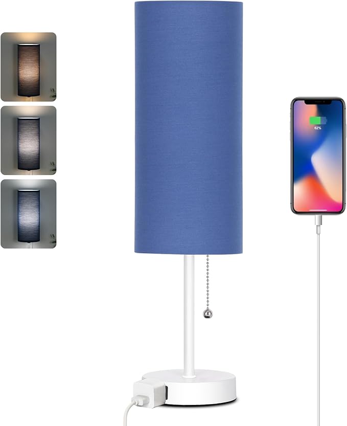 Dott Arts 18" Table Lamp for Bedroom, 3-Color Bedside Lamps with Pull Chain, Bedroom Table Lamps for Nightstand,AC Outlet Small Lamp for Living Room, Bulb Included Blue