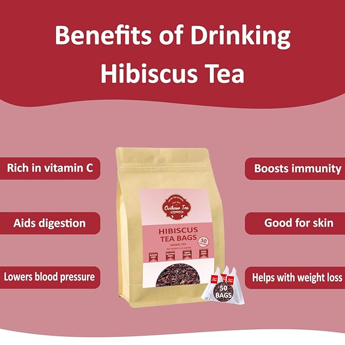 Ovikaso Tea, Hibiscus Tea Bags, Roselle Tea, 50 Pyramid Tea Bags, 2g/bag, 100% Natural, Non-GMO, No Caffeine, Brew Hot or Iced Tea, Baking, Cocktail, Rich in Antioxidants