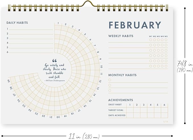 12-Month Habit Tracker Calendar – Minimalist Spiral Wall Planner for Goals & Productivity, Daily/Weekly/Monthly Tracking, Wire-O Hanger, Thick 200 gsm Paper, Neutral Design