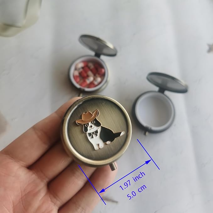 Cute Daily Pill Organizer Box - Round Metal Pill Box Medicine Pill Case Travel Weekly Vitamin Pill Organizer Small Pill Box for Purse, Mini Pocket Pill Case for Purse (Cutedog)