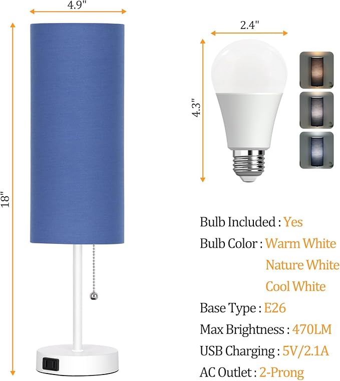 Dott Arts 18" Table Lamp for Bedroom, 3-Color Bedside Lamps with Pull Chain, Bedroom Table Lamps for Nightstand,AC Outlet Small Lamp for Living Room, Bulb Included Blue
