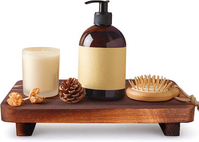 Farmhouse Bathroom Counter Organizer Wood Risers Display Pedestal Stand Wooden Dish Soap Dispenser Holder for Bathroom Decor Sink Accessories Small Kitchen Countertop Trays Vanity Decorative Tray