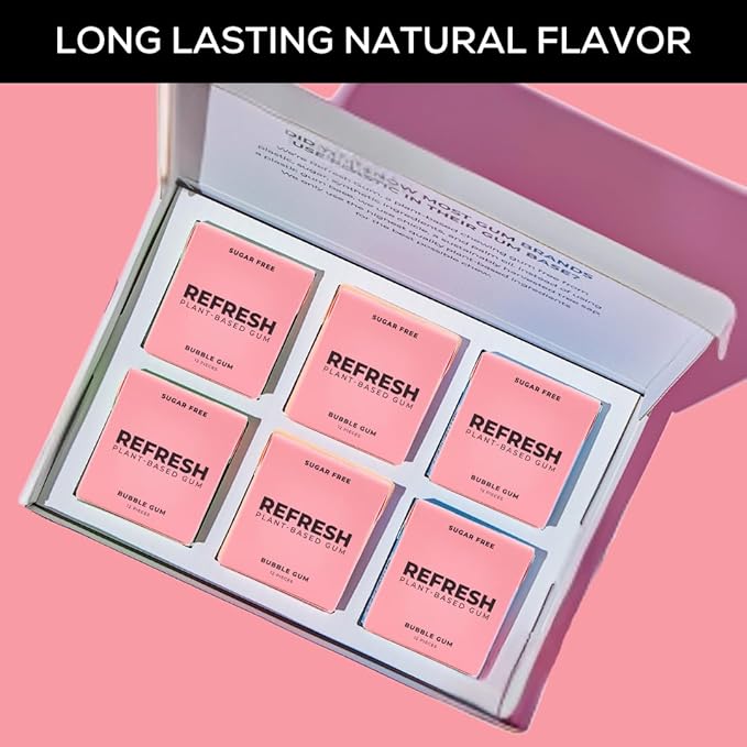 Refresh Gum, Xylitol, Sugar Free, Natural, Chewing Gum, Natural Flavors & Organic Ingredients, Plant-Based, Plastic Free, Non GMO, Gluten Free, Vegan, Bubble Gum Flavor, 12 Pcs, 12 Pack