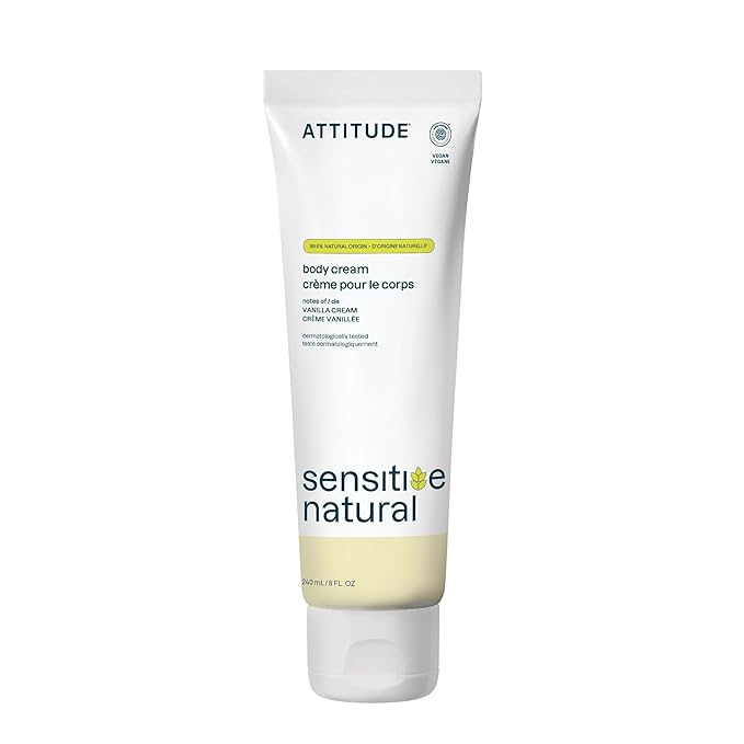 ATTITUDE Body Cream for Sensitive Skin with Oat, EWG Verified, Dermatologically Tested, Vegan, Vanilla Cream Scent, 8 Fl Oz