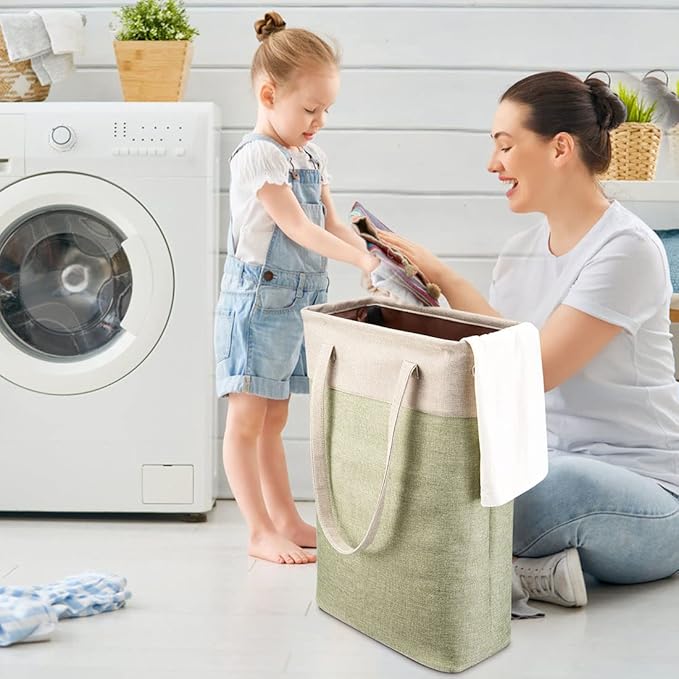 i BKGOO Laundry Basket with Handles Beige&Green Slim Laundry Bin Collapsible Dirty Clothes Basket Narrow Laundry Bag Foldable Dirty Hamper for Camping, Dorms, Apartments