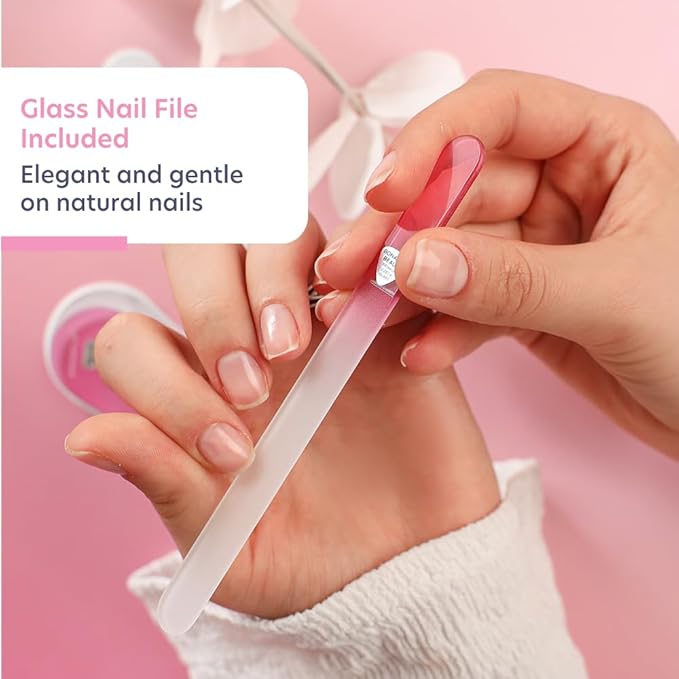 Glass Nail File Set by Bona Fide Beauty - Ergo File - Premium Nail Care Tools Genuine Czech Glass (Pink)