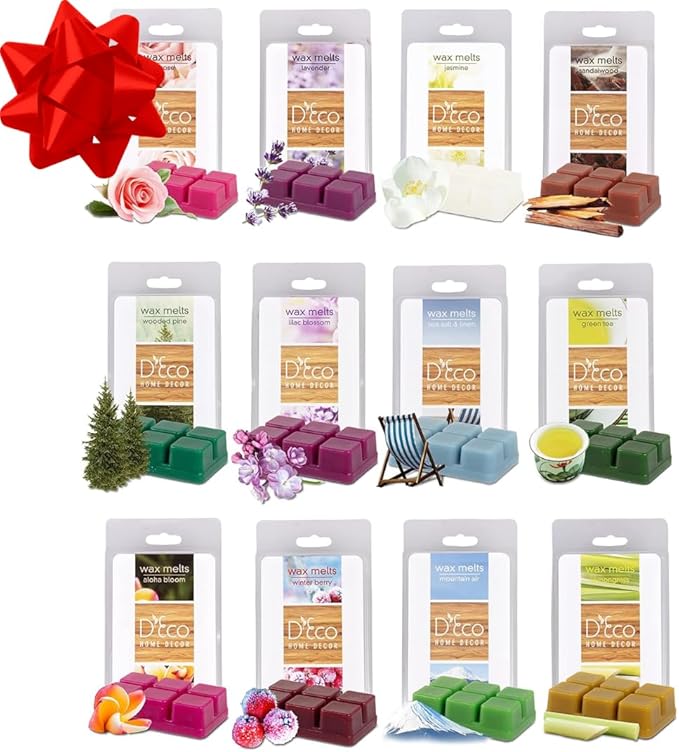 D'Eco Floral Scented Wax Melts - 12 Count Variety Pack Home Fragrances - Long Lasting Scented Wax Tarts for Warmers - Rose, Pine, Winter Berry, Lavender, Jasmine, Sea Salt Linen, Lilac & Nature Scents