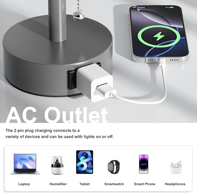 Fenmzee Dark Grey Bedside Table Lamps Set of 2-3 Color Temperatures Pull Chain Lamp with AC Outlet Charging Port, Small Round Night Stand Lamps for Bedroom, Bed Side Light with E26 LED Bulbs