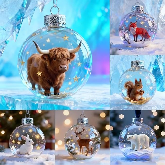 2026 Wildlife Wonders Collection Crystal Glass Ornament, Vivid 3D Animal Christmas Decoration, Clear Plastic Xmas Balls, Luxury Winter Tree Decor Sparkling Star Accents,Holiday Ornaments(Highland Cow)