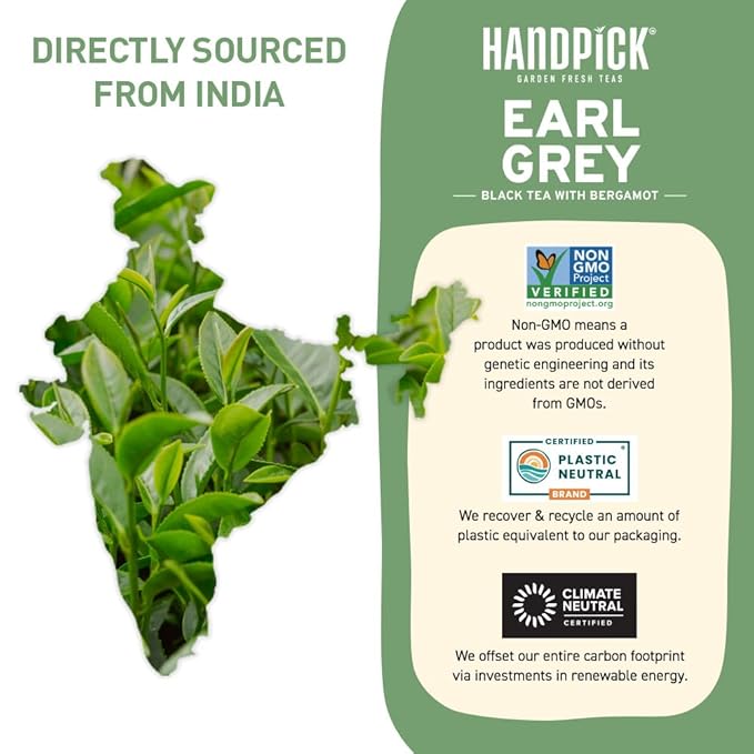 HANDPICK, Earl Grey Black Tea Bags (100 Count) Bergamot Oil | Caffeinated, Earl Grey Tea Bags | Flavoured With Citrus and Bergamot Brew Hot/Iced Tea with or without milk