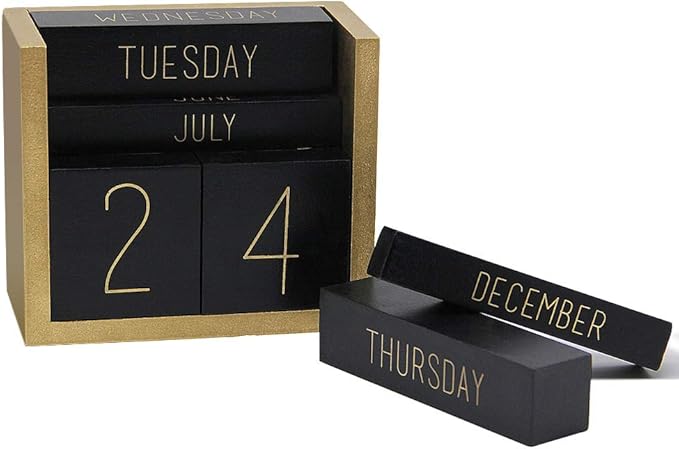 Juegoal Wooden Perpetual Calendar, Wooden Block Daily Calendar Office Desk Accessories (Black)