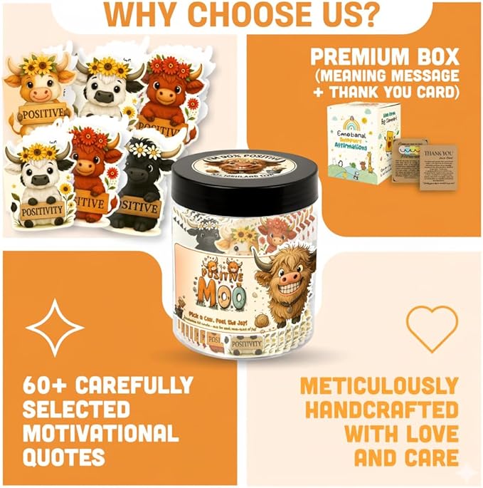 Positive Moo Jar with 60 Affirmation Cards - Emotional Support Moo, Highland Cow Gifts, Highland Cow Decor, Cow Decor, Highland Cow, Highland Cow Gift For Women, Cow Gifts