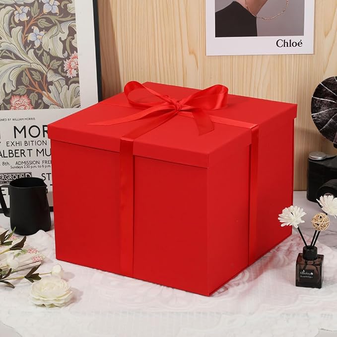 Large Gift Box with Lid 12.5x12.5x10 Inches, Red Gift Boxes for presents Packaging for Birthdays, Valentine's Day, Christmas, Anniversaries (Include Shredded Paper Fill, Envelope Card Ribbon)