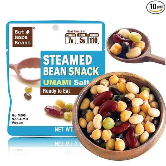 【Eat More Beans】 STEAMED BEAN SNACK -UMAMI Salt USDA Certified Healthy Vegan Snacks Ready to Eat Fully Cooked- Box of 10 packs(2oz, 10packs)
