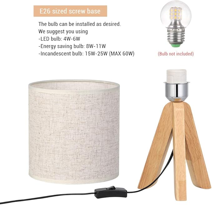 HAITRAL Small Bedside Table Lamp - Wooden Tripod Nightstand Lamp for Bedroom, Living Room, Office, Home with Fabric Linen Shade - 13.4 Inches (Without Bulb)
