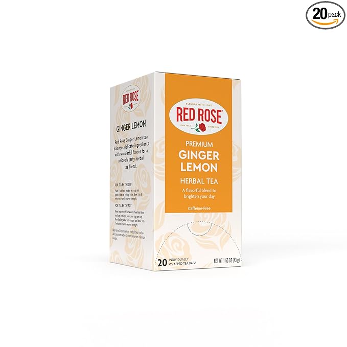 Red Rose Ginger Lemon Tea Caffeine Free Herbal Tea Naturally Flavored Tea with Mint, Lemon, Orange & Lemongrass Herbal Tea with 20 Individually Wrapped Tea Bags Per Box