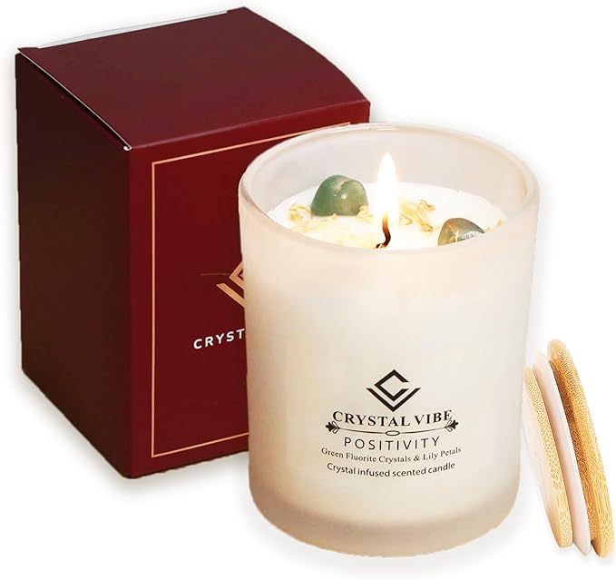 Crystal Vibe Verbena Scented Candle with Green Fluorite Crystals and Lily Petals for Home Decor - Crystal Candle for Positivity - Aromatherapy Candles - Gifts for Christams Birthdays