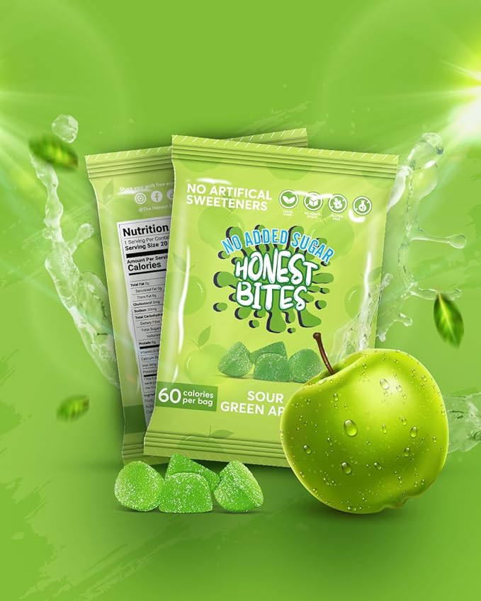 Honest Bites Low Sugar Sour Gummy Candy, Sour Green Apple Flavor - Low Calorie, Keto Friendly, Low Sugar Snack for Diabetics, Zero Carb - 6 Pack