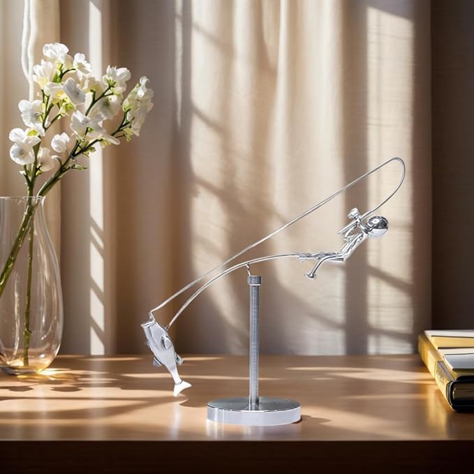 Kinetic Fishing Sculpture - Balance Art for Your Space, Fisherman Kinetic Balancing Desk Toy Fishing Physics Sculpture for Home Office Art Deco, Stainless Steel Balance Physics Toy 1PCS