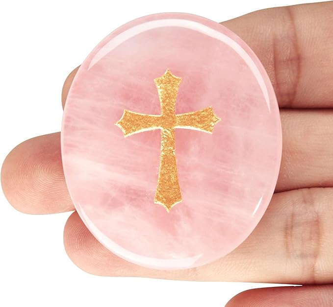 LAIDANLA Rose Quartz Cross Engraved Healing Crystal Worry Stones for Pray Faith Anxiety Relief Oval Palm Stone Polished Natural Crystal Gifts