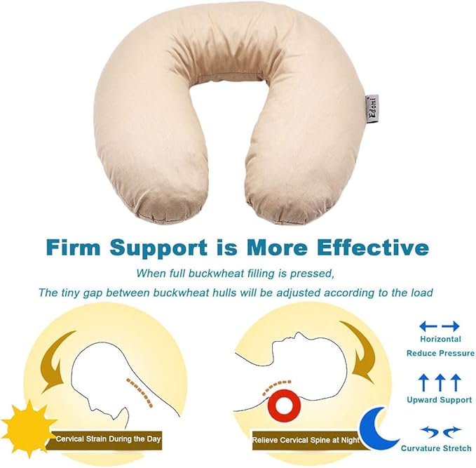 Buckwheat Neck Pillow for Sleeping U Shaped Pillow Cooling Travel Head Support Pillow for Neck Pain Relief Side Sleepers Buckwheat Hulls Concealed Zipper (12x12 inch, Light-tan)