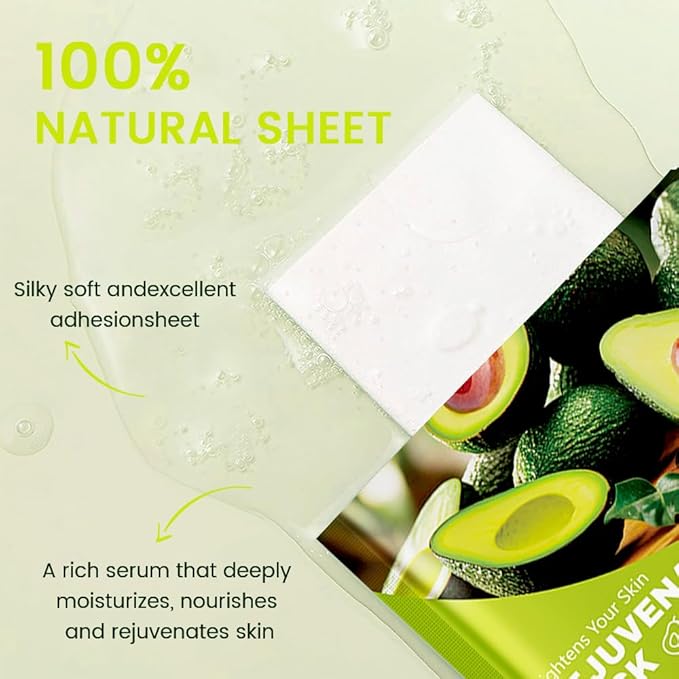 8 Pack Avocado Face Sheet Mask Skincare,Hydrating Face Mask For Sensitive Skin,Moisturize,Soothing,Nourish for All Skin Types,Natural Spa Party Facial Mask Skincare Set for Women Men Girls