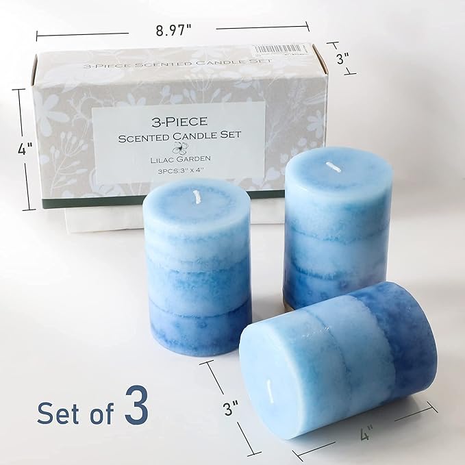 3x4 inch Blue Pillar Candles for Home Scented 3 Pack Lilac Garden Scented Long-Lasting Hand-Poured Candle Coastal Decoration Gifts for Women Wedding Party Shower Bathroom Decor