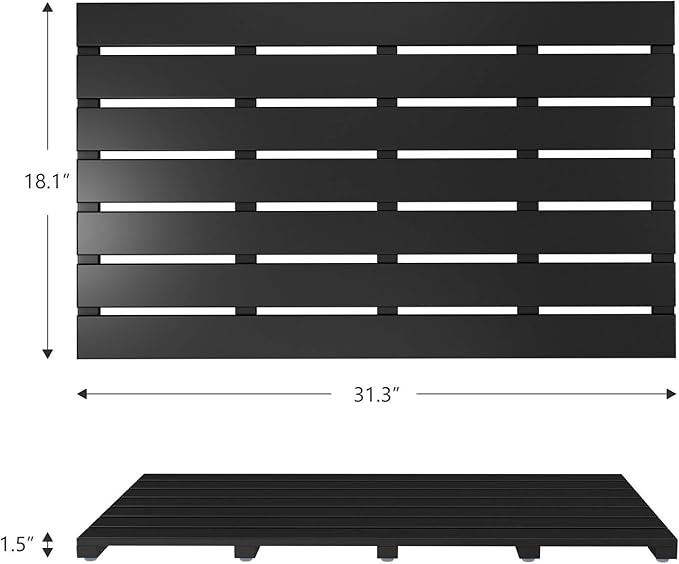 Domax Wooden Bamboo Bath Shower Mat- Non-Slip Waterproof Large Bathroom Floor Mat for Indoor Outdoor (Black, 31.3 x 18.1 x 1.5 Inches)