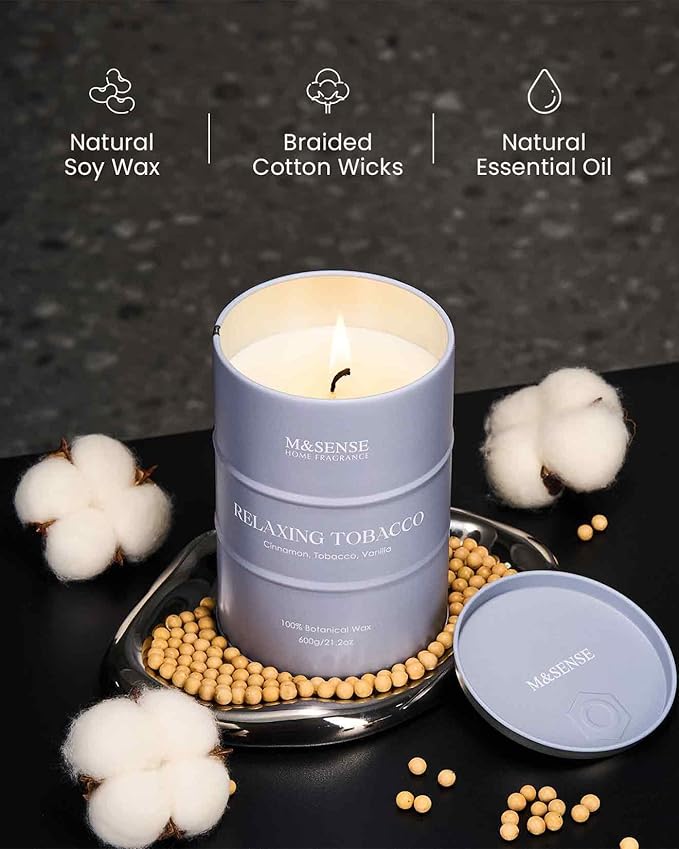 M&SENSE Tobacco Scented Candles Large, Natural Soy Candles 21.2oz 120 Hour Slow Burning,Aromatherapy Candle for Stress Relief Meditation Relaxing