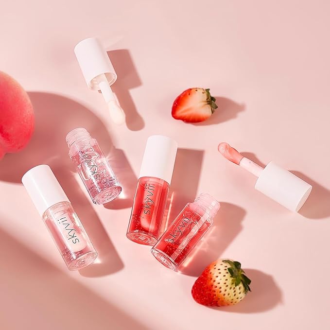 Dulele 4PCS Fruit Flavoured Lip Oil Set, Moisturizing Plumping Lip Glow Oil, No-Sticky Lip Gloss Lip Balm, Hydrating Nourishing Lip Care for Women/Peach/Strawberry (Pink, 1)
