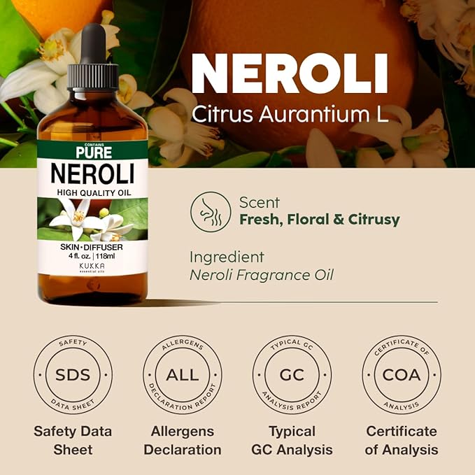 KUKKA Neroli Essential Oils - 4 Fl Oz - for Hair, Skin, Diffuser, Aromatherapy & DIY Soap Making Scent