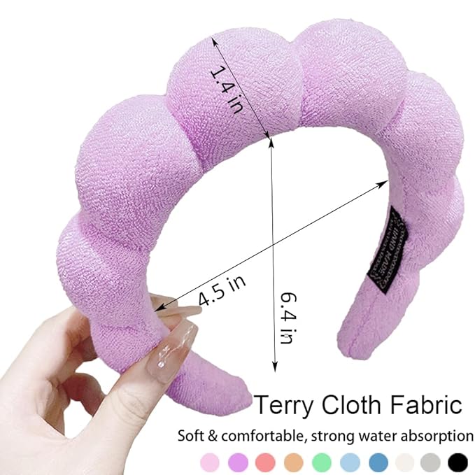 Spa Headbands for Washing Face or Makeup, Sponge Bubble Skincare Headbands, Puffy Terry Cloth Hairband for Women, Skin Care Makeup Headwear Hair Accessories for Girls(Purple)